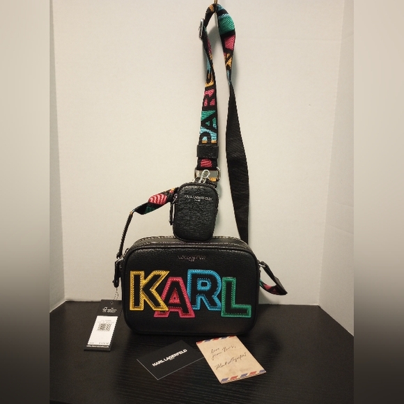 Karl‎ Lagerfeld Paris Maybelle Camera Crossbody Bag Purse Black Zip Rainbow - Picture 2 of 6
